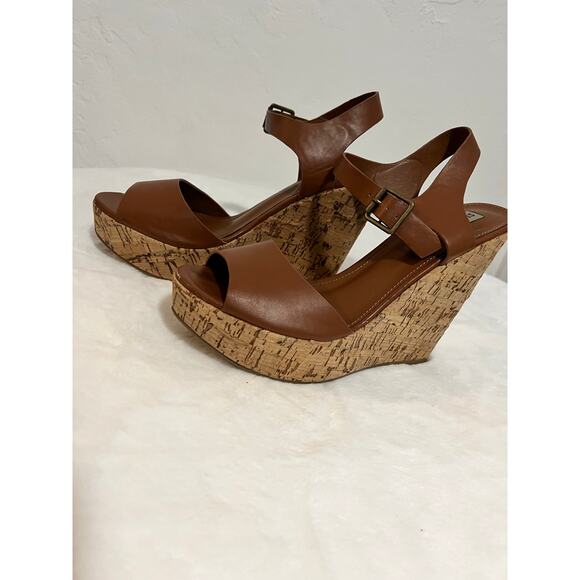 Steve Madden Eda Brown Cork Wedge Sandals Women’s Size 9.5 Peep Toe Platform - Picture 1 of 5